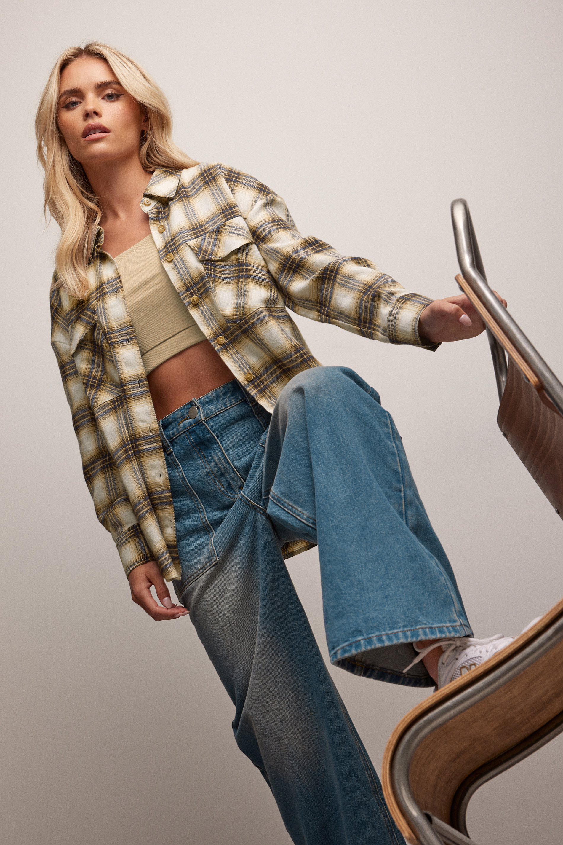 PixieGirl Petite Women's Beige Brown Check Shirt | PixieGirl 1